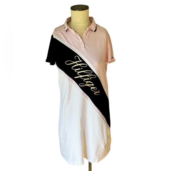 Tommy Hilfiger Banner Stripe Gold Script Logo Polo Shirt Mini Dress Size S - Picture 2 of 11